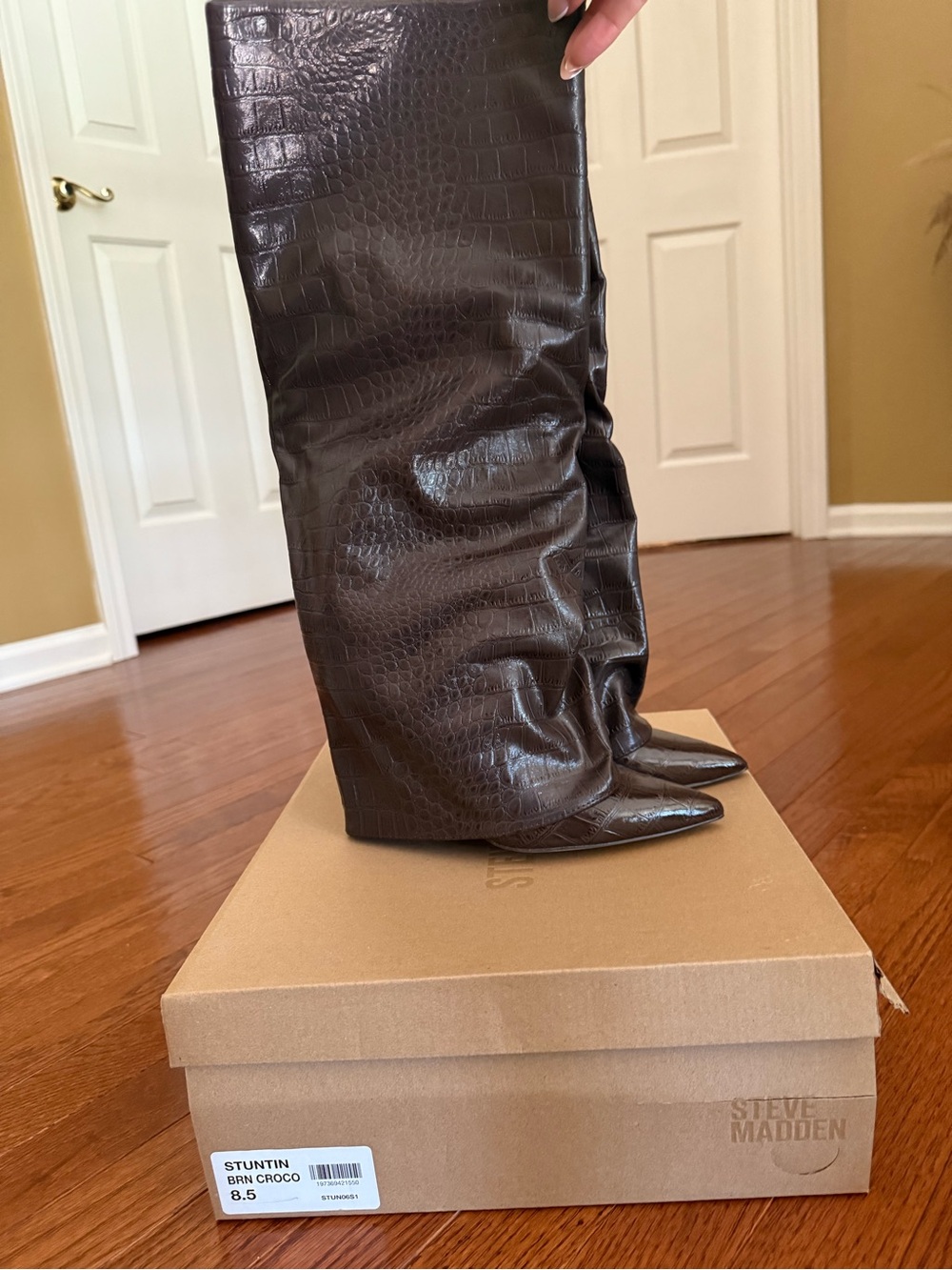 Steve Madden Brown Croc-Embossed Over-the-Knee Pointed Boots